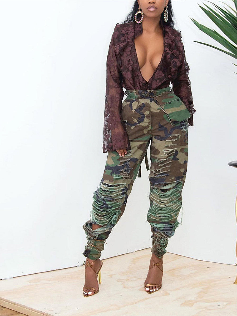 Camouflage Slim Fit Ripped Casual Pants