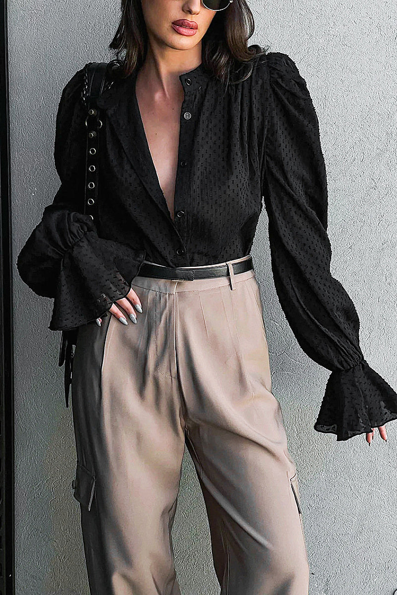 French Jacquard Puff Sleeve Shirt for Casual Style