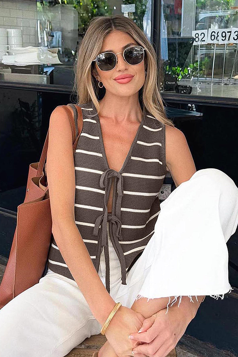 New Striped Knitted Vest with Bow for Women