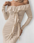 Elegant Off-Shoulder Split Dress with Ruffle Hem