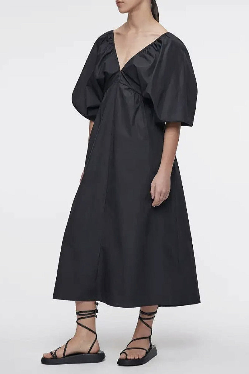 French Minimalist V-Neck Puff Sleeve Dress