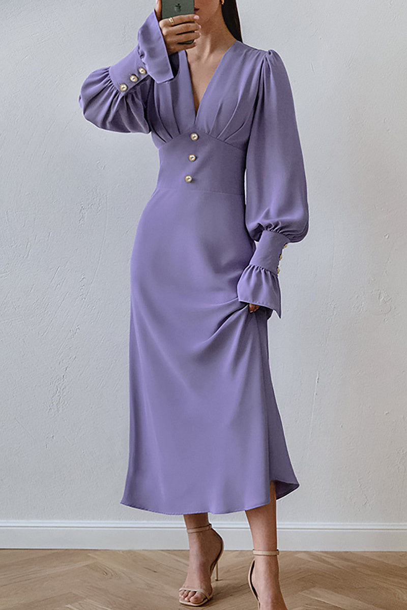 French Lantern Sleeve V-Neck Dress for Women