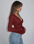 Chic Women's V-Neck Lace Long Sleeve Top