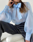 Spring Elegant French Sheer Bow Mesh Top