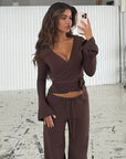 Casual V-Neck Long Sleeve Top and Pants Set