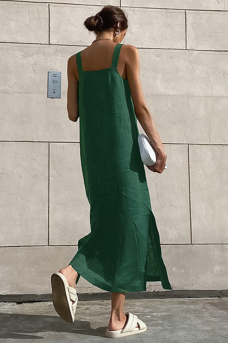 Chic Green Cotton Linen Sleeveless Dress