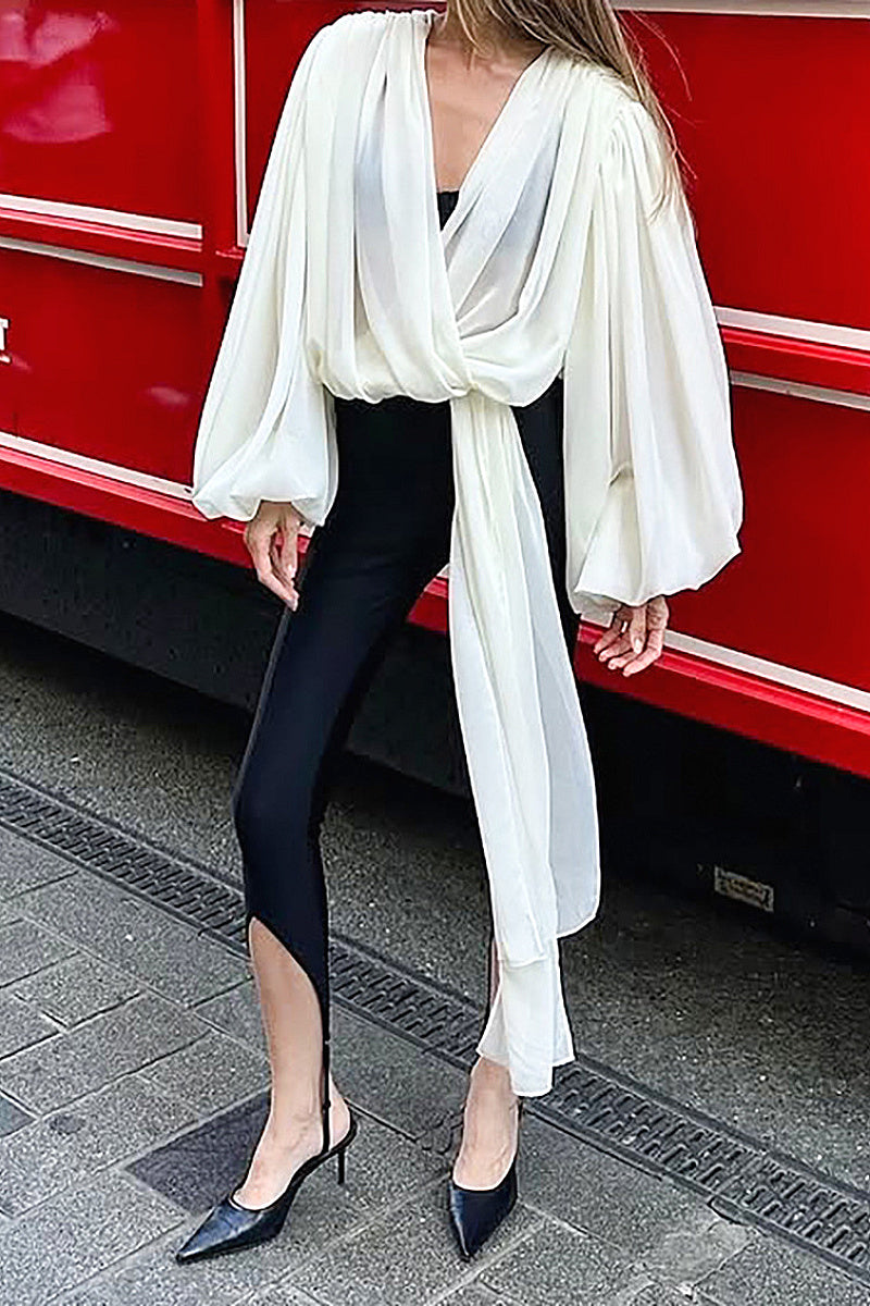 Loose Fit V-Neck Puff Sleeve Women's Shirt