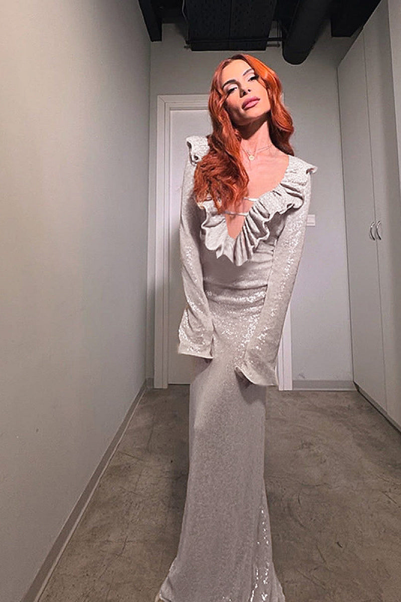Shiny V-Neck Long Sleeve Bodycon Dress