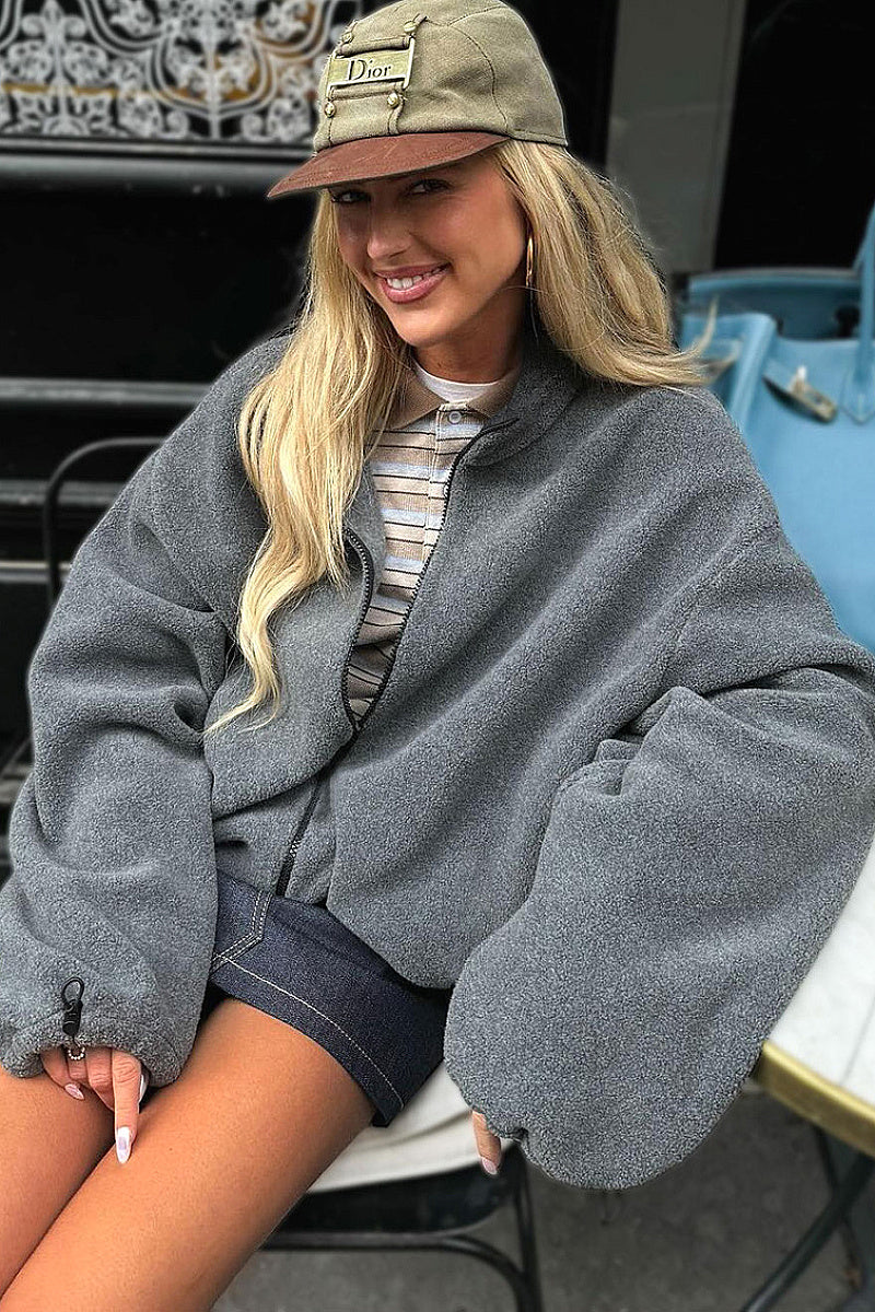 Stylish Gray Fleece Stand Collar Jacket for Women