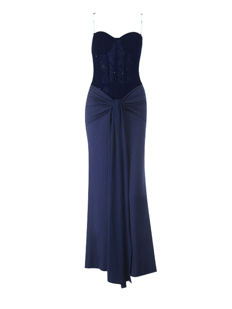 Elegant Strapless Long Dress with Waist Tie