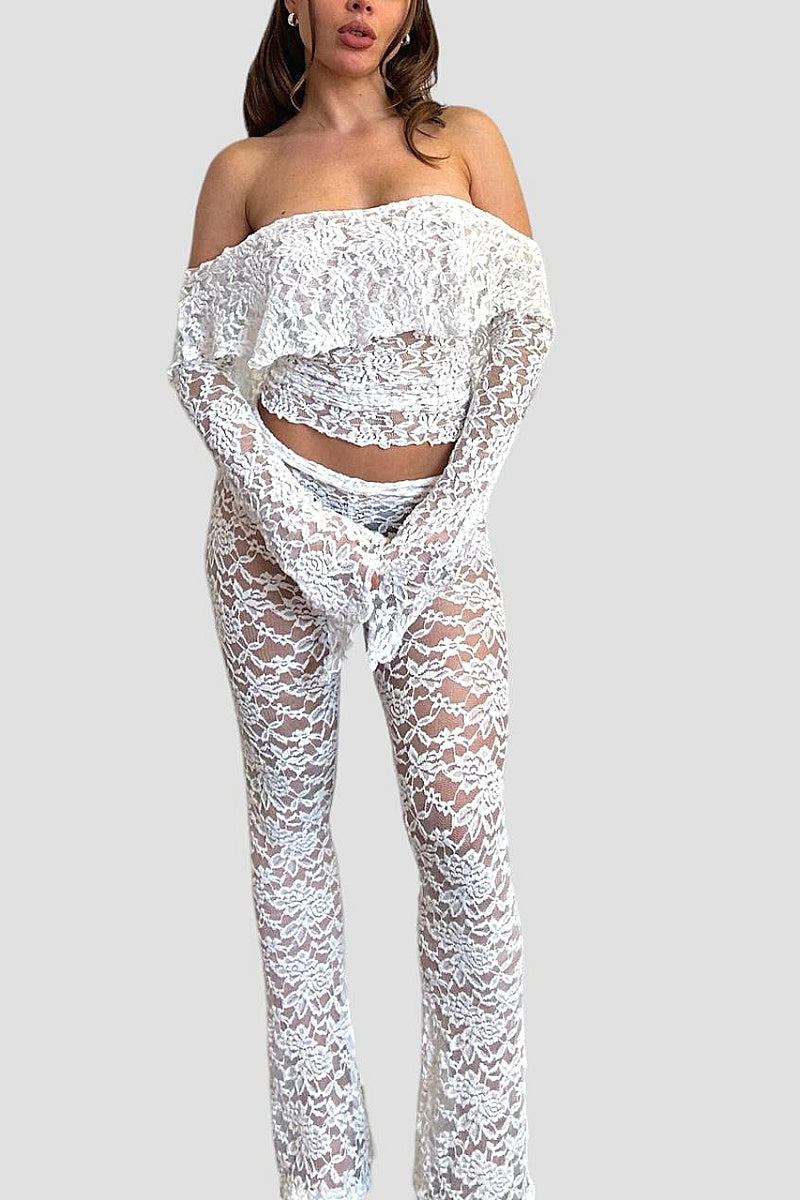 Sexy Lace Hollow Out Long Pants Set
