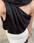 French Style Satin Sleeveless Top with Ribbon