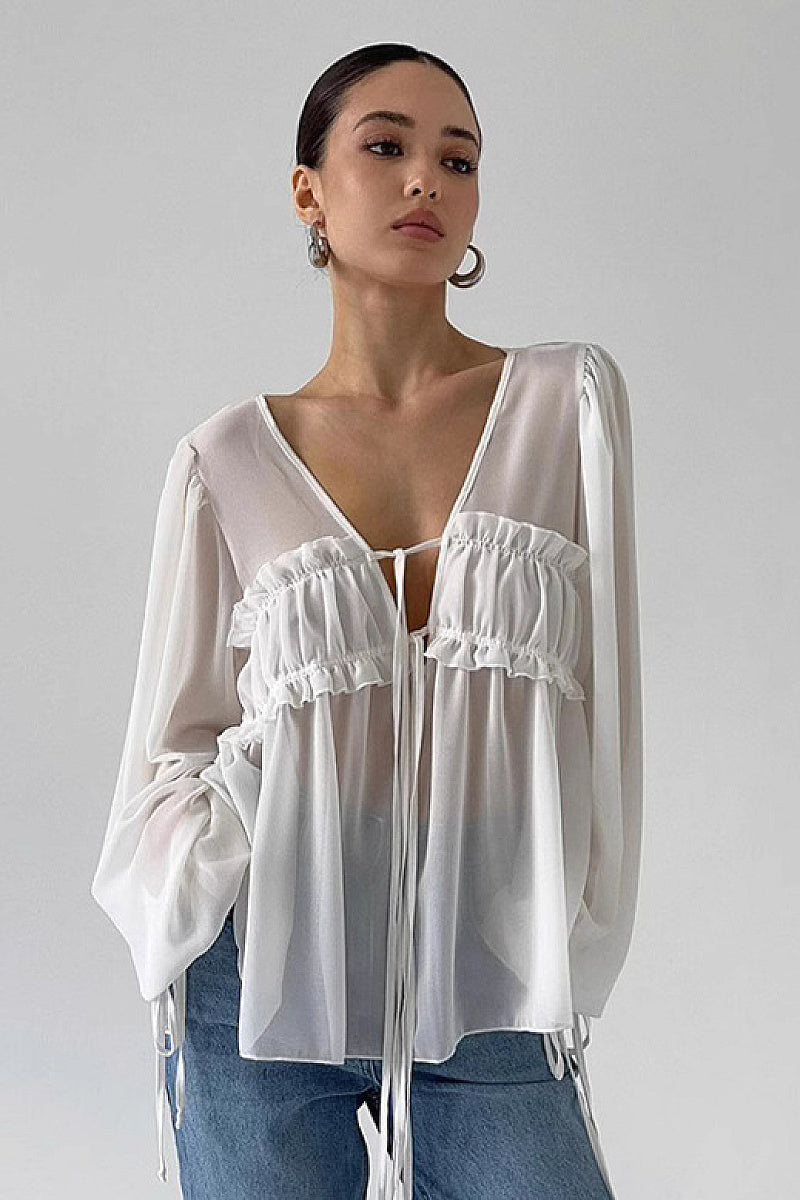 Chiffon Ruffle Tie Shirt for Women
