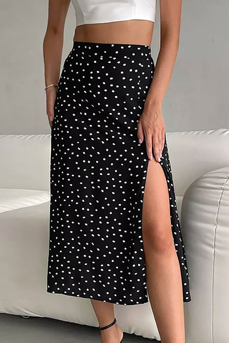French Vintage Black Polka Dot Midi Skirt