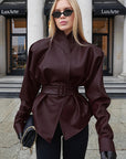 Vintage Burgundy PU Leather Jacket with Belt