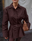 Brown Waist-Defined Pleated Shirt for Women