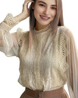 Elegant Solid Color Long Sleeve Puff Sleeve Top