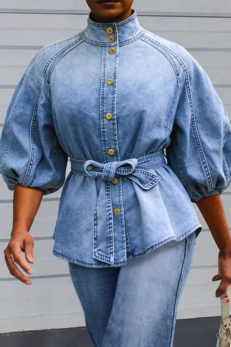 Lightweight Loose Women's Denim Shirt with Bow