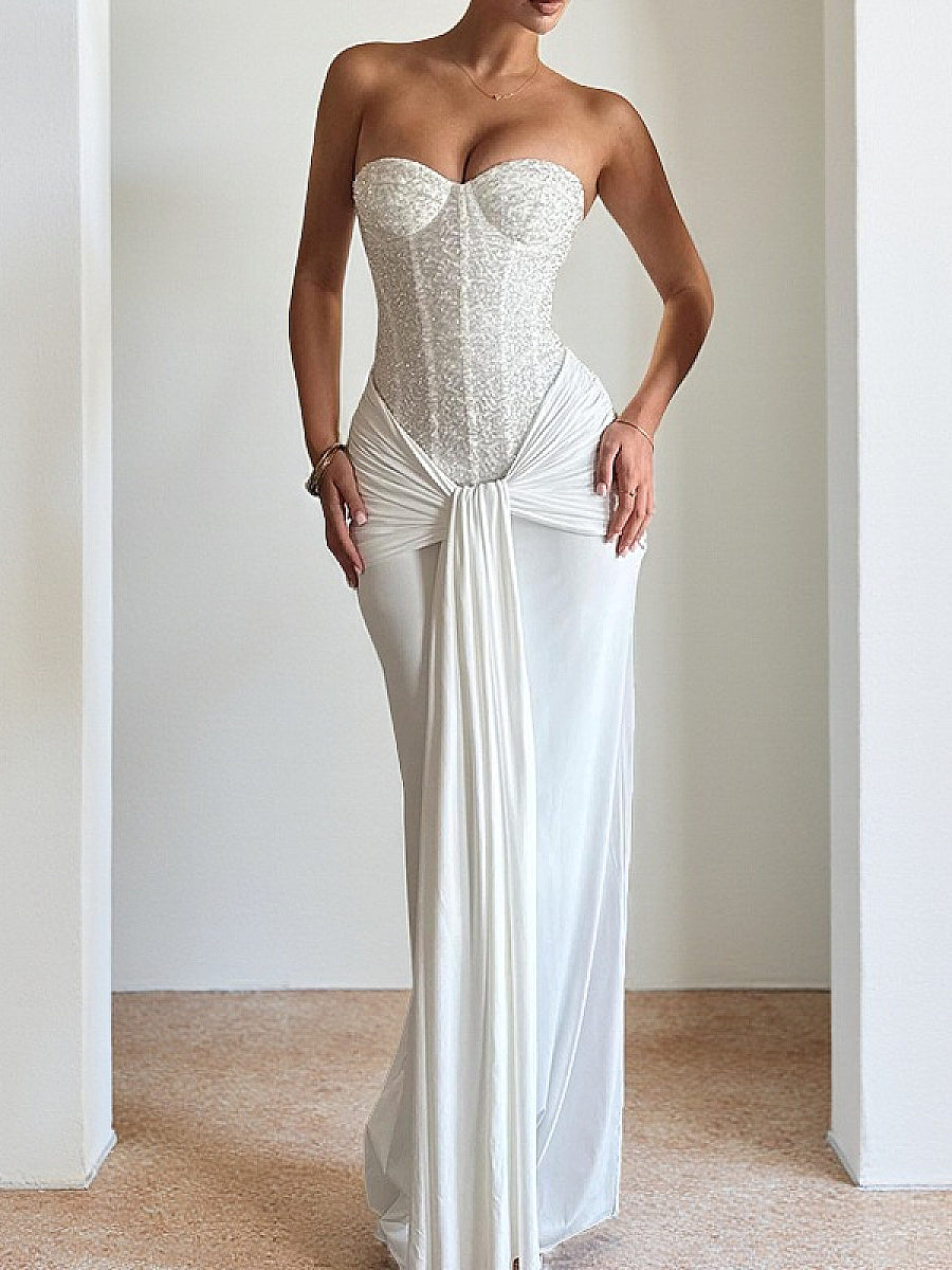 Elegant Strapless Long Dress with Waist Tie