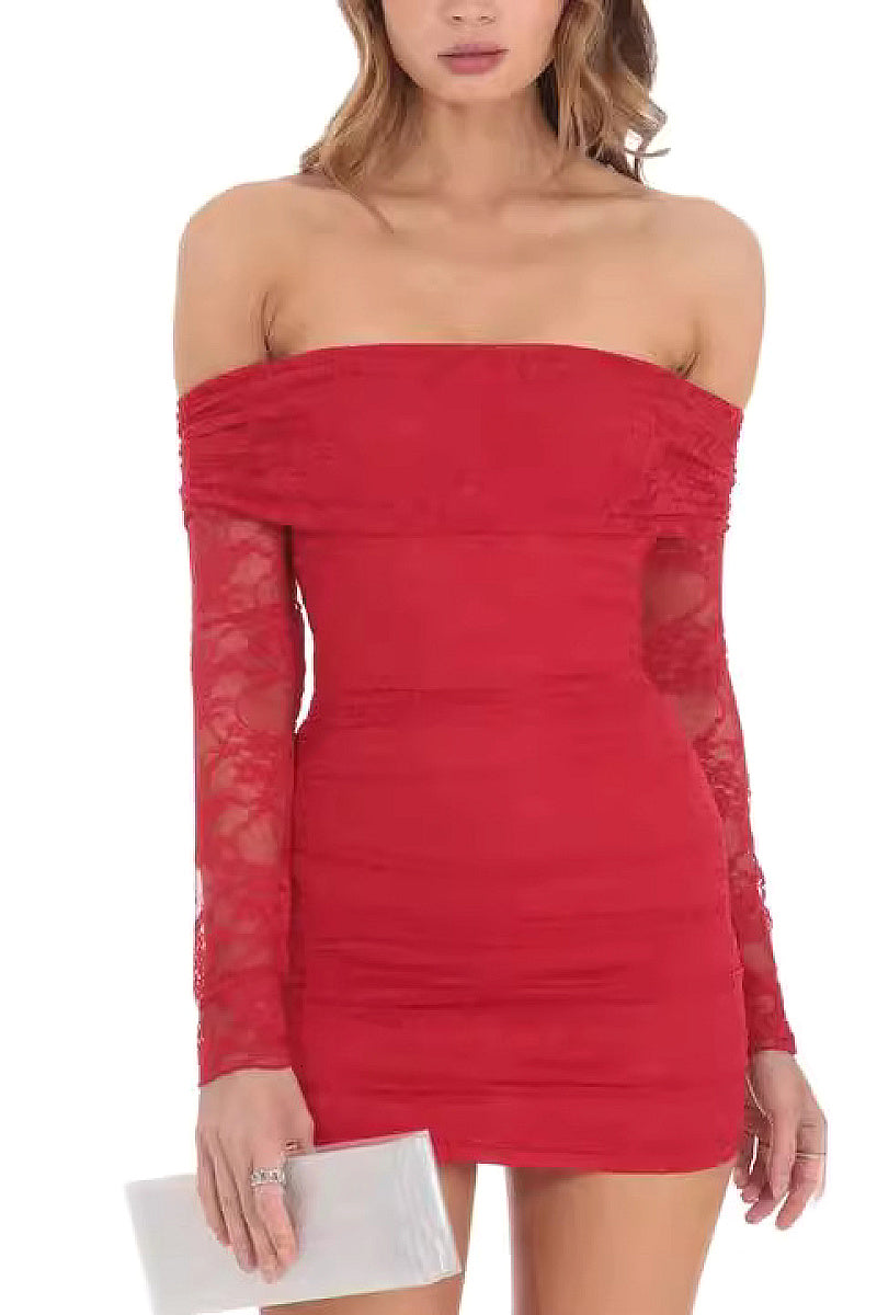 Sexy Ruched One Shoulder Lace Dress