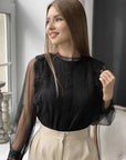 Elegant Solid Color Long Sleeve Puff Sleeve Top