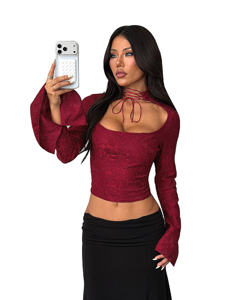 Lace Sheer Long Sleeve Top with Tie