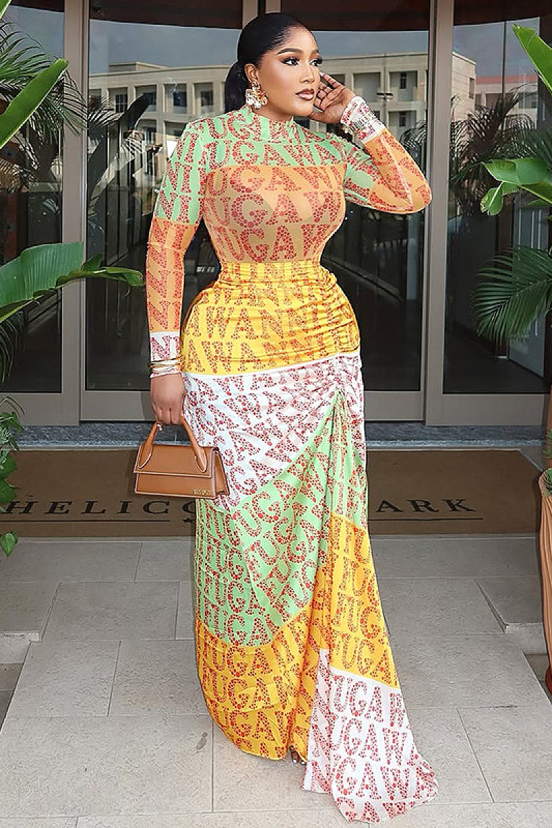 Elegant Printed Long Sleeve Bodycon Dress