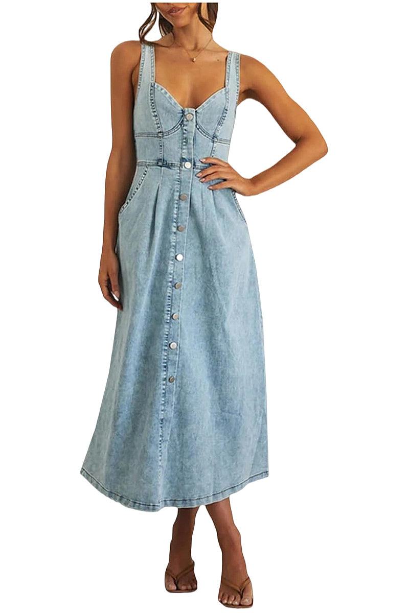 Summer Women's Blue Denim Button-Down Dress