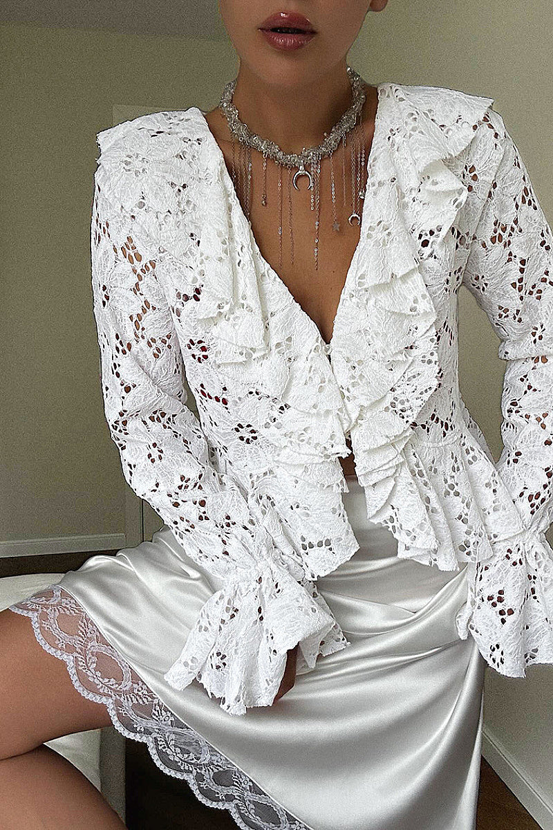 Stylish Lace V-Neck Long Sleeve Cardigan