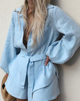 Cotton Long Sleeve High Waist Wide Leg Pants Set