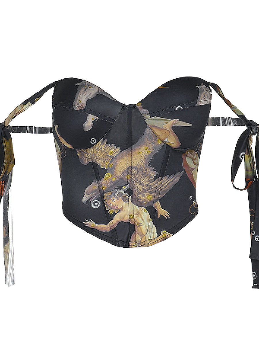 Retro Oil Painting Print Waist Tie Top for Women