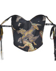Retro Oil Painting Print Waist Tie Top for Women