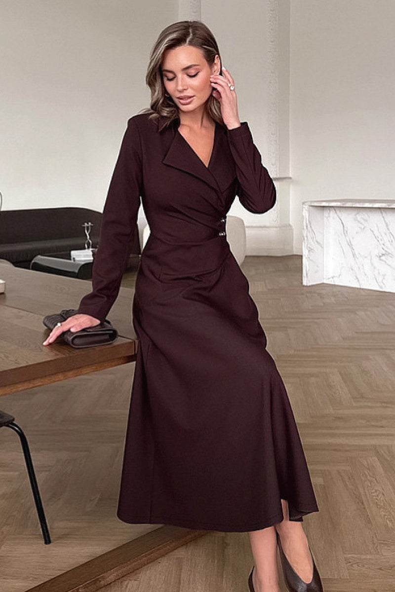 Elegant Brown V-Neck Long Sleeve Dress for Women