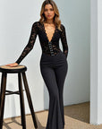 Lace Deep V Neck Long Sleeve Black Jumpsuit