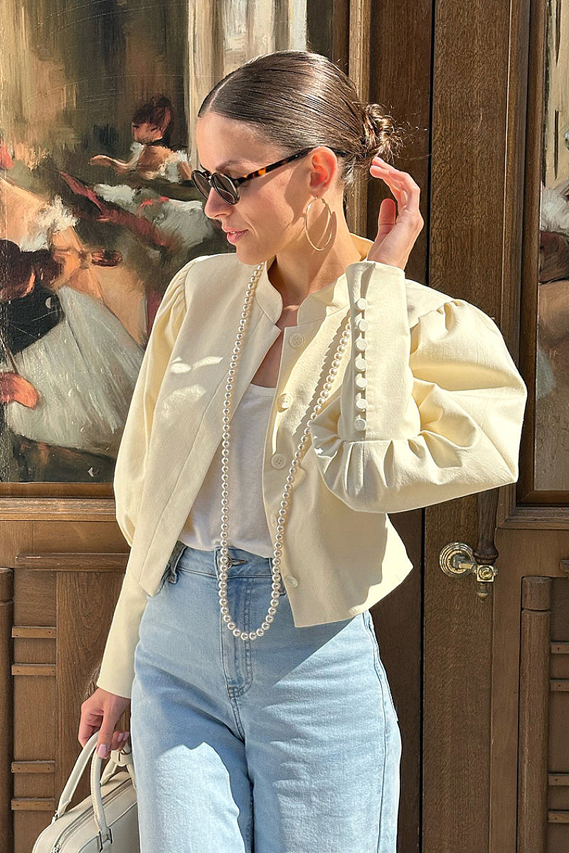 Chic Puff Sleeve Stand Collar Shirt for Autumn