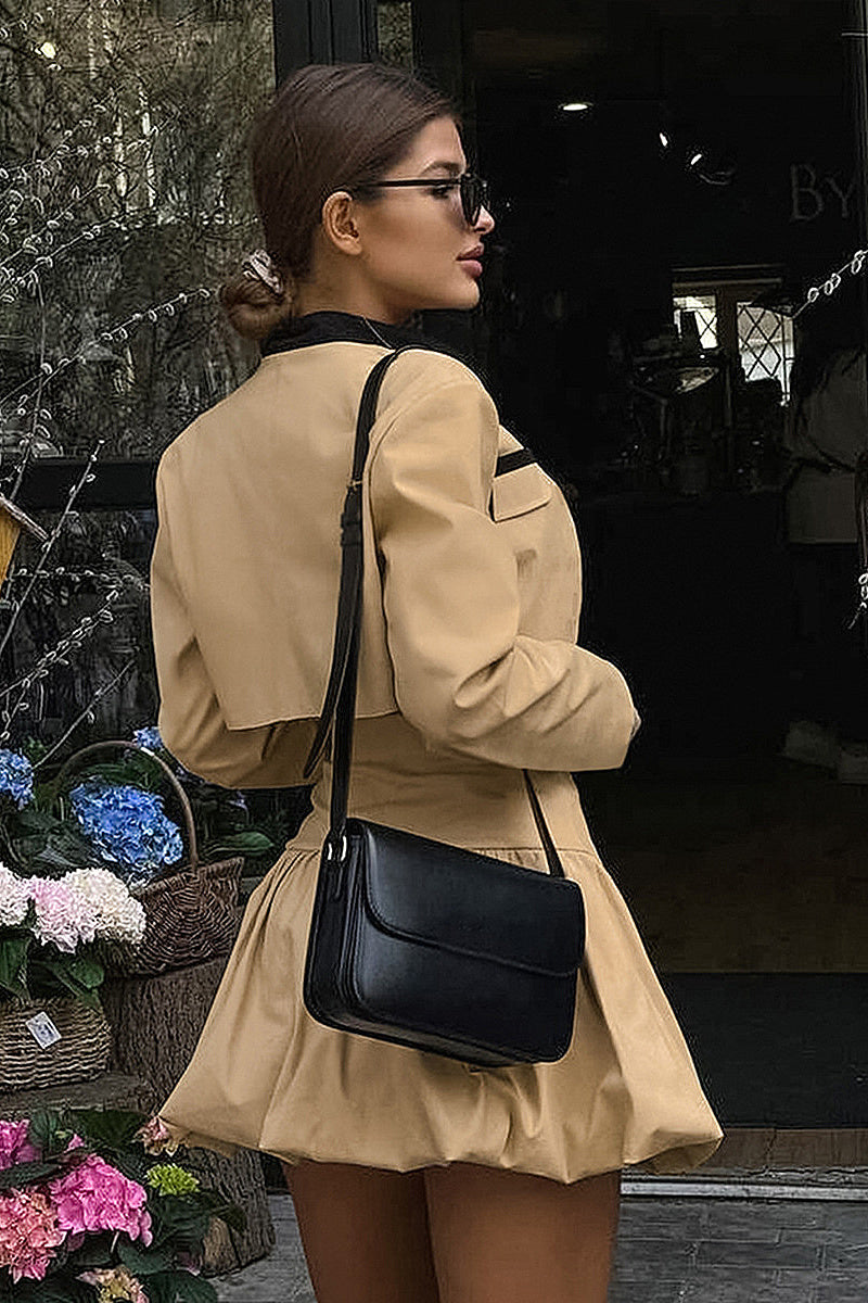 Chic Khaki Two-Piece Suit with Skirt and Jacket