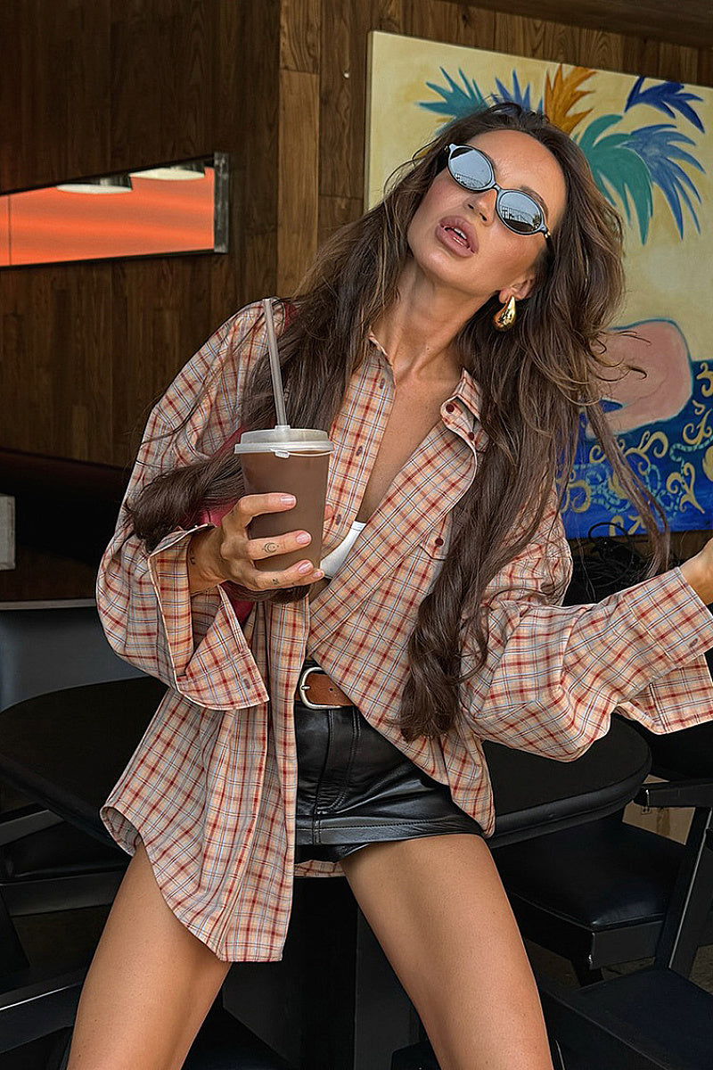 Loose Vintage Plaid Long Sleeve Shirt for Women