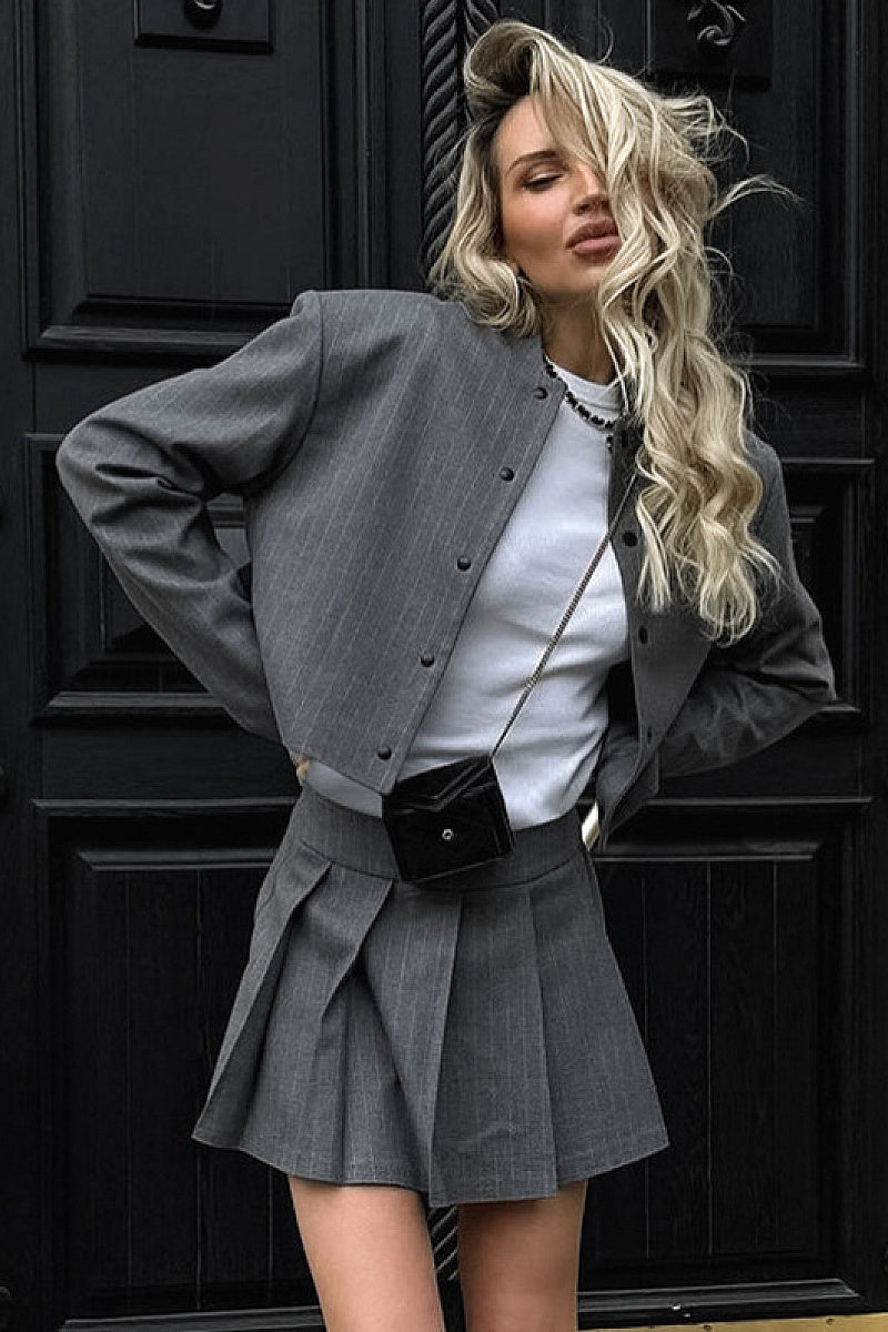 Stylish Striped Two-Piece Set with Long Sleeve Jacket