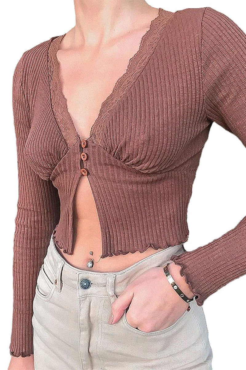 Fashionable Solid Color Lace Trim Cardigan Top
