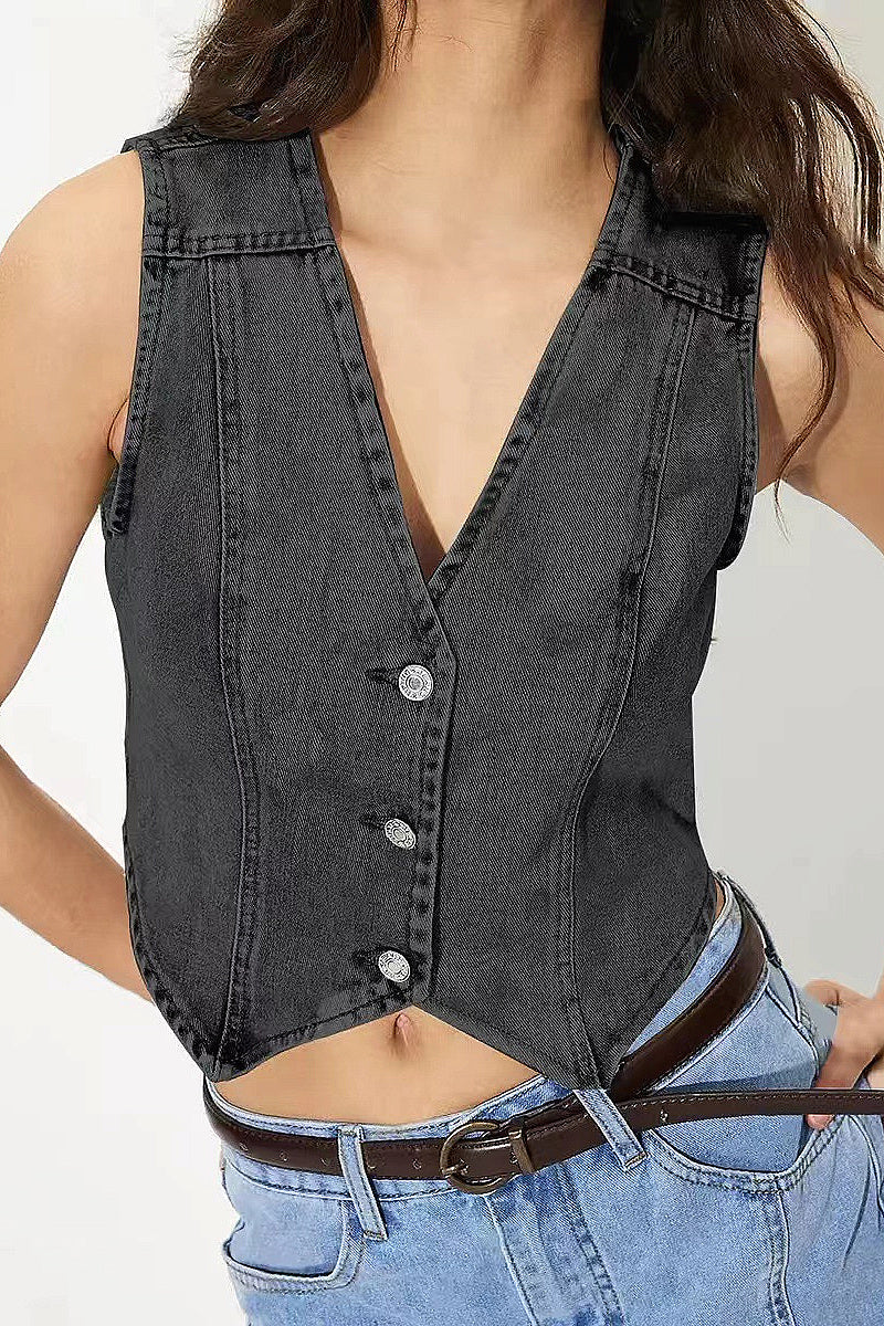 Fashionable Women's V-Neck Denim Vest