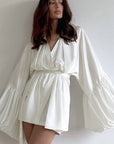 V-Neck Tie Waist Puff Sleeve Dress