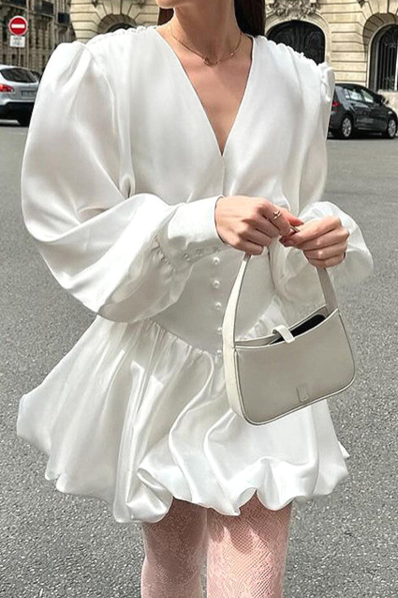 Elegant Vintage Autumn White V-Neck Lantern Sleeve Dress