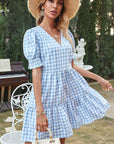 Retro V-Neck Puff Sleeve A-Line Dress