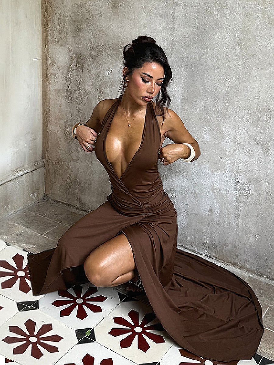 Deep V Neck Ruffle Hem A-Line Dress