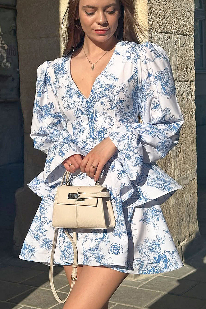 Elegant V-Neck Floral Long Sleeve Dress