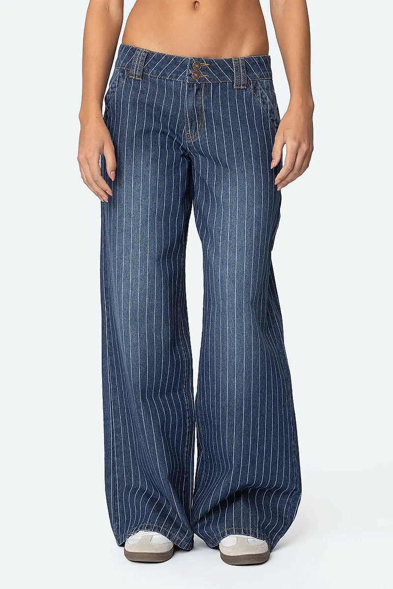 Blue Striped Loose Fit Wide Leg Jeans