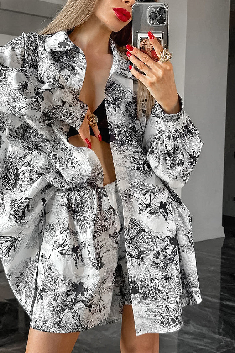 Fashion Loose Ink Print Shirt and Shorts Set