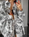 Fashion Loose Ink Print Shirt and Shorts Set