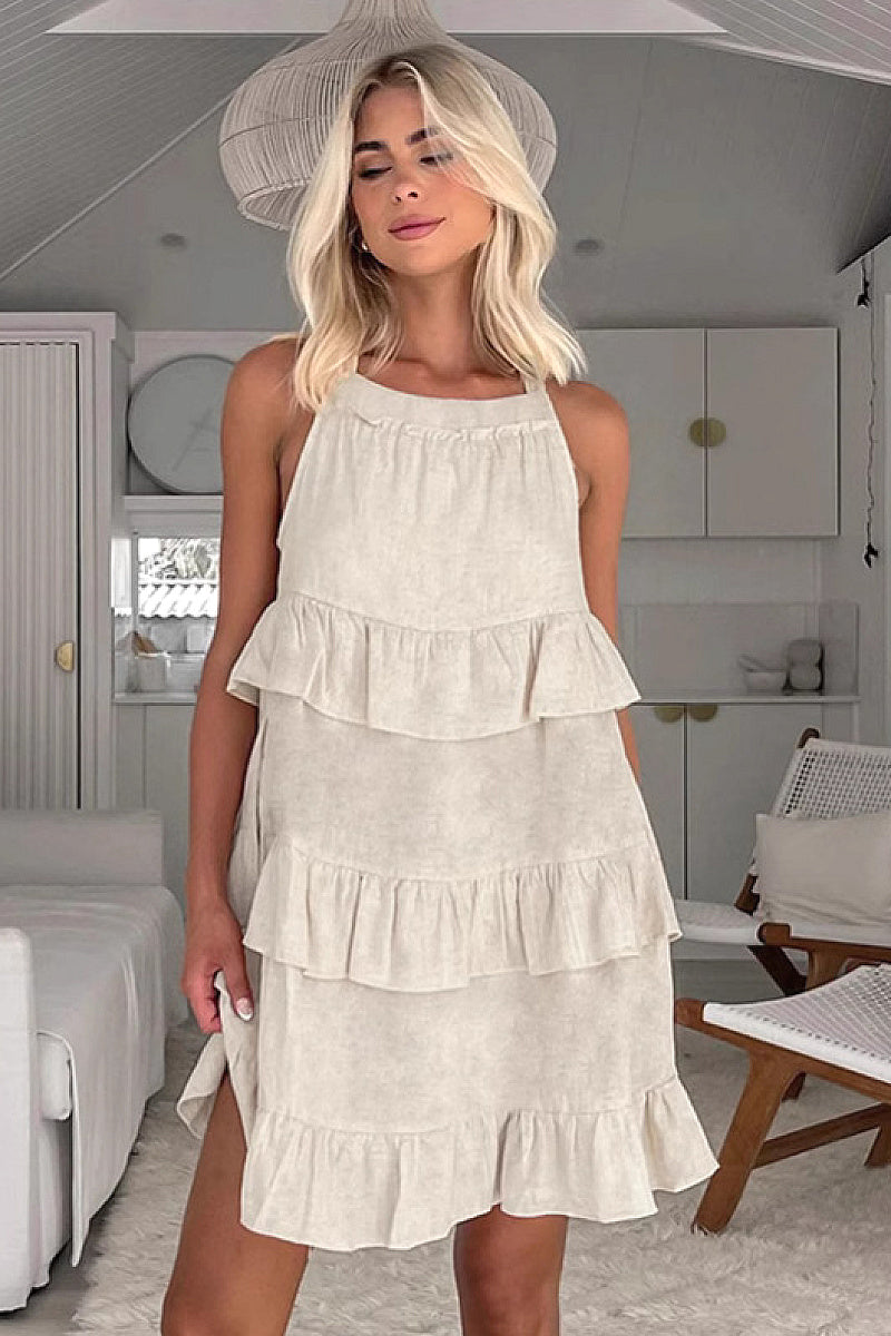 Casual Khaki Cotton Linen Ruffle Dress