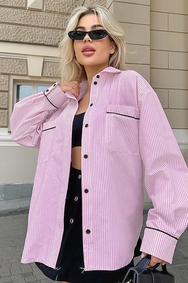 French Color Block Striped Pink Women's Shirt